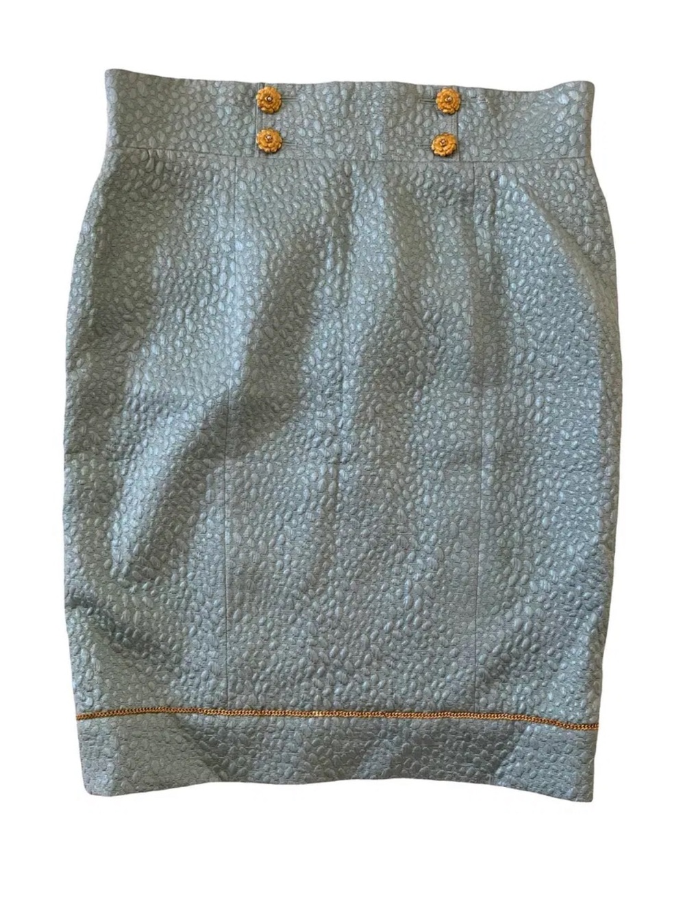 CHANEL vintage Blue Textured Skirt with Gold camellia buttons